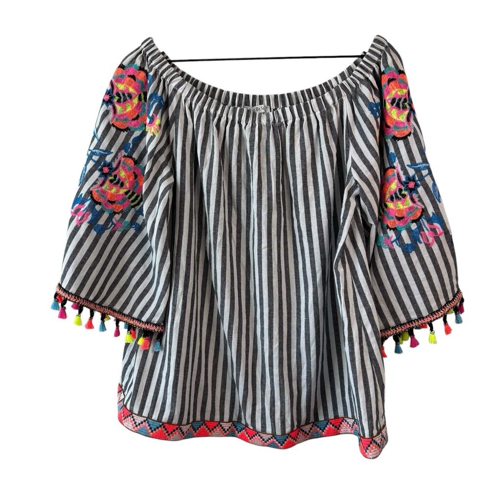 See And Be Seen Womens Top Medium Gray Neon Embroidered Striped Boho Peasant‎